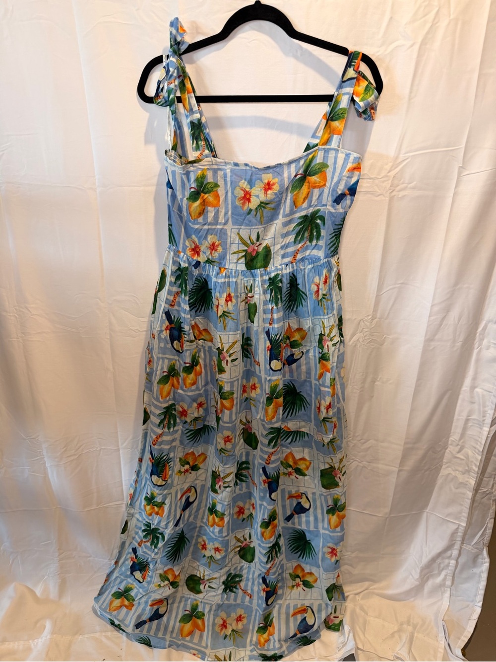 Blue Tropical Print Maxi Dress with Tie Straps
